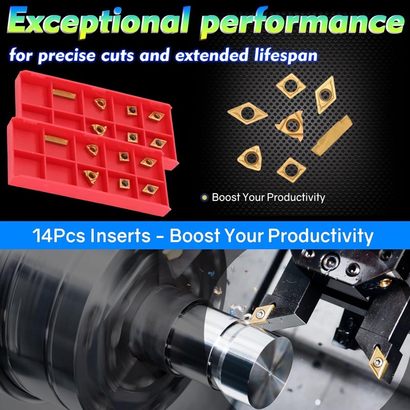 Joogto Indexable Lathe Turning Tool 21Pcs Kit 1/4'' 6mm Shank 7Pcs Metal Lathe Tools Holder Set with 14Pcs Turning Inserts for Turning Grooving Threading Boring Carbide Inserts Carbide Turning Tool - Image 2